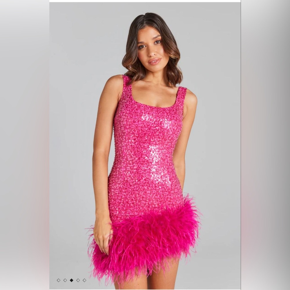 NADINE MERABI Evie Hot Pink Sequin Feather Mini Dress